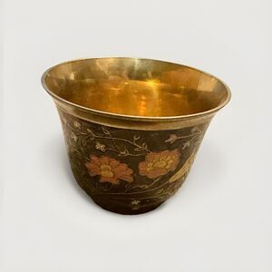 Vintage Brass Floral Bowl Planter Hand Painted Enamel Dark Patina India Decor